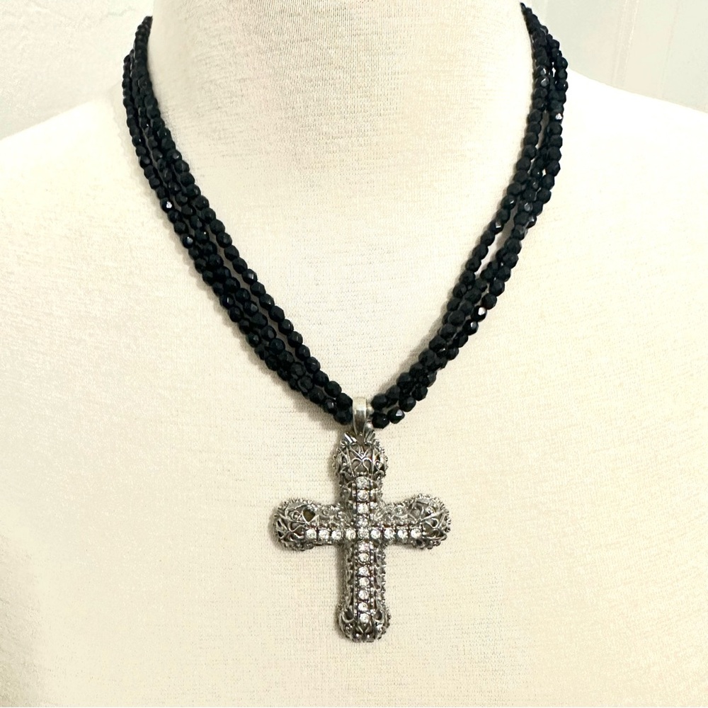 Cross /crucifix pendant on black crystal choker necklace. Adjustable.
